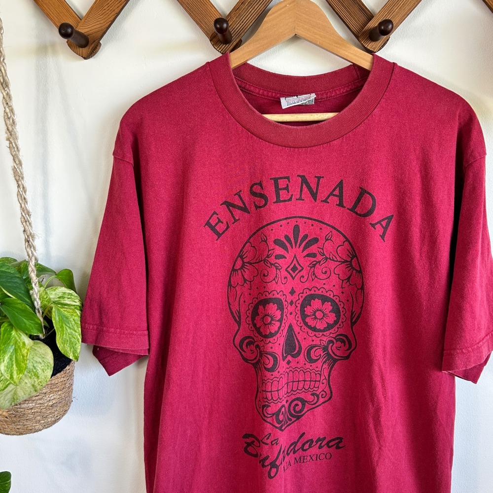 Vintage Pro Club Super Heavy Ensenada Sugar Skull T-Shirt Maroon Mens Large